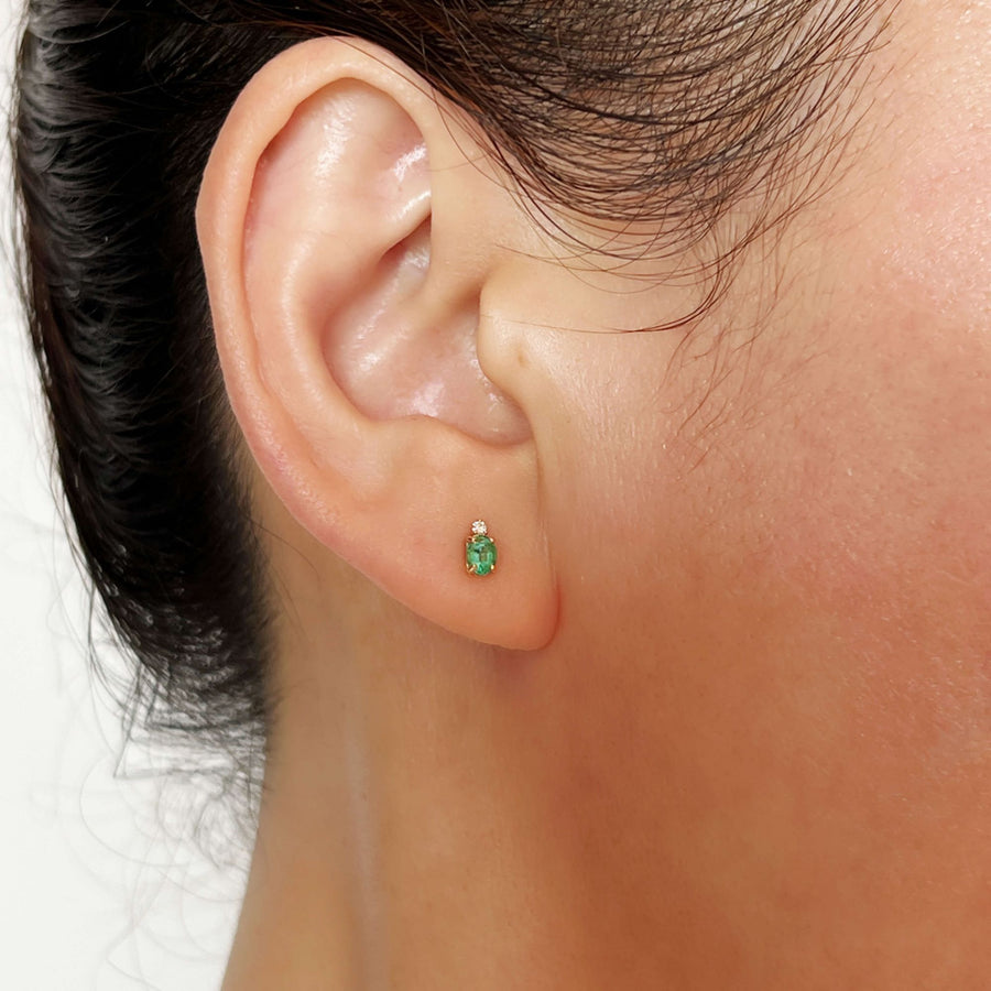 14k Solid Gold Natural Emerald & Diamond Stud Earrings