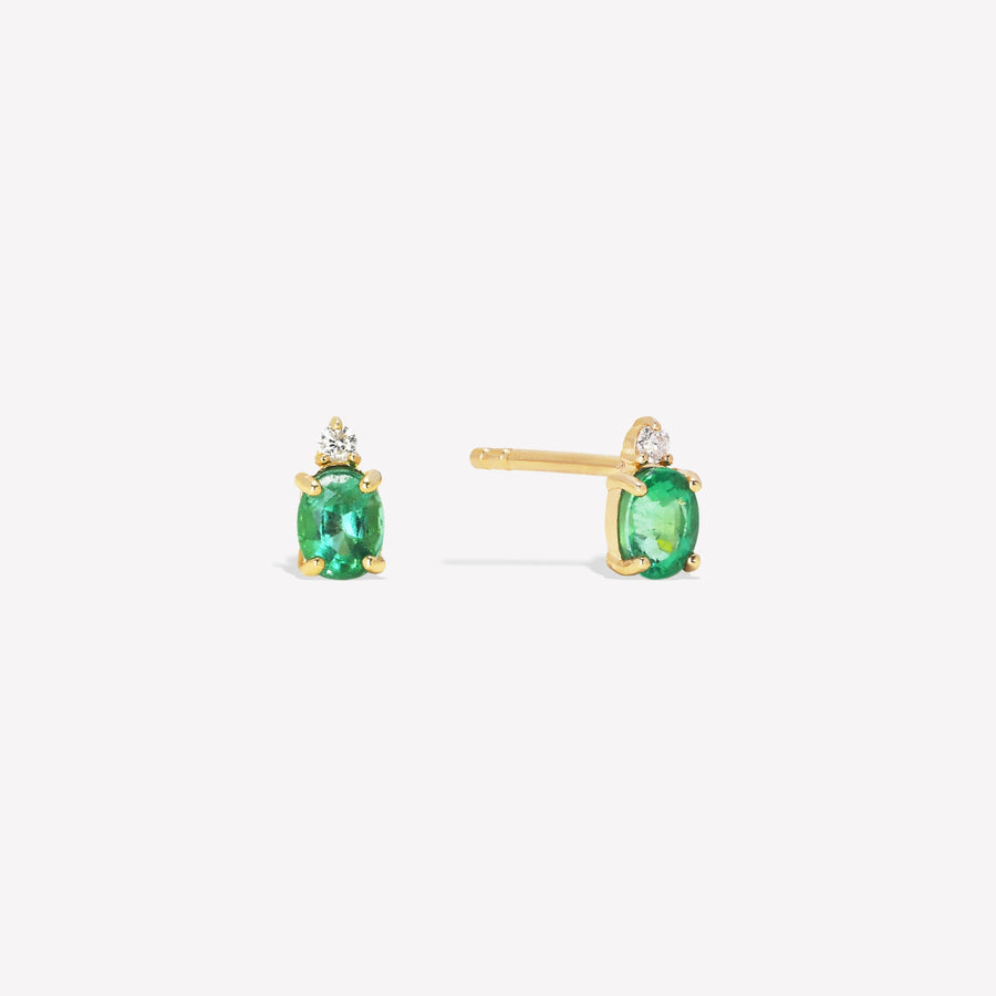 14k Solid Gold Natural Emerald & Diamond Stud Earrings