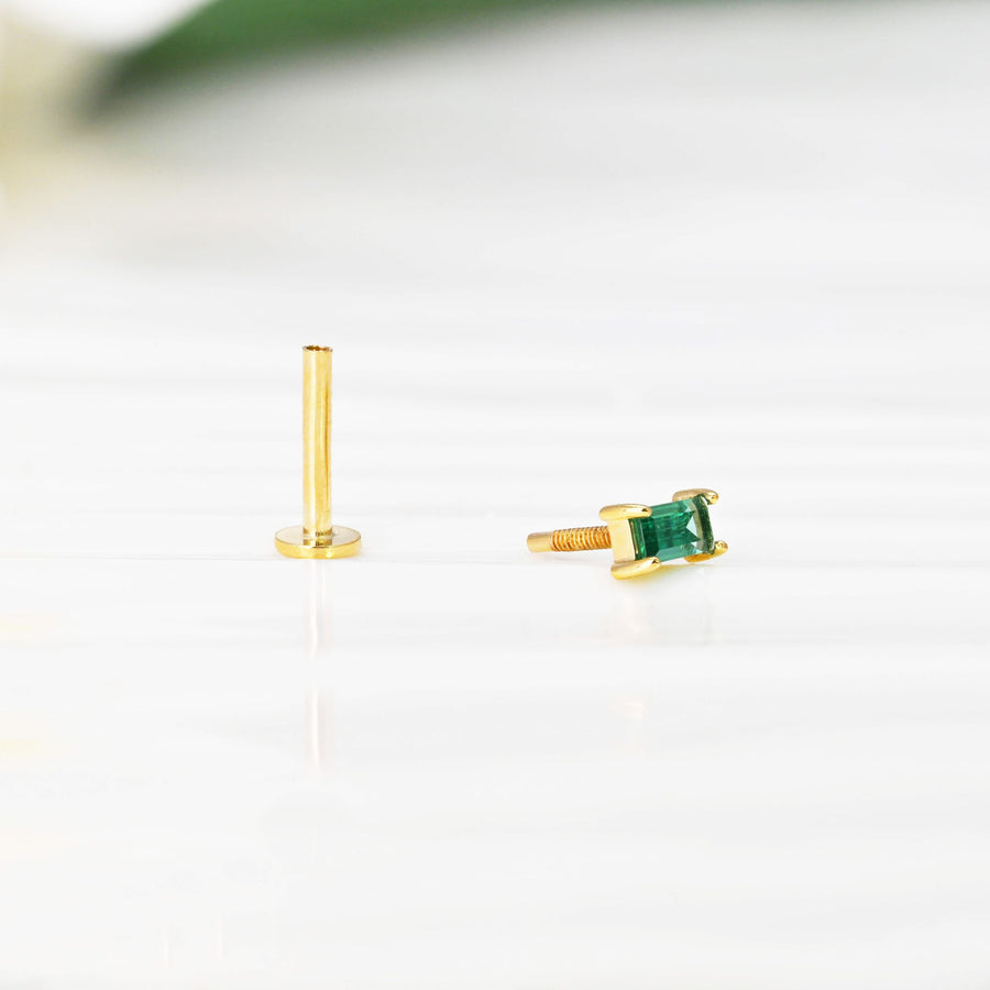 14k Solid Gold Lab-Grown Emerald Baguette Flat Back Stud Earring