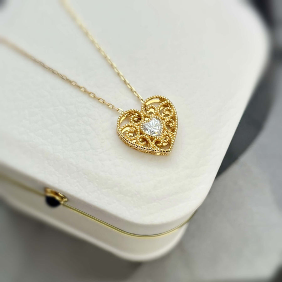 14k Solid Gold Filigree Heart Pendant Necklace