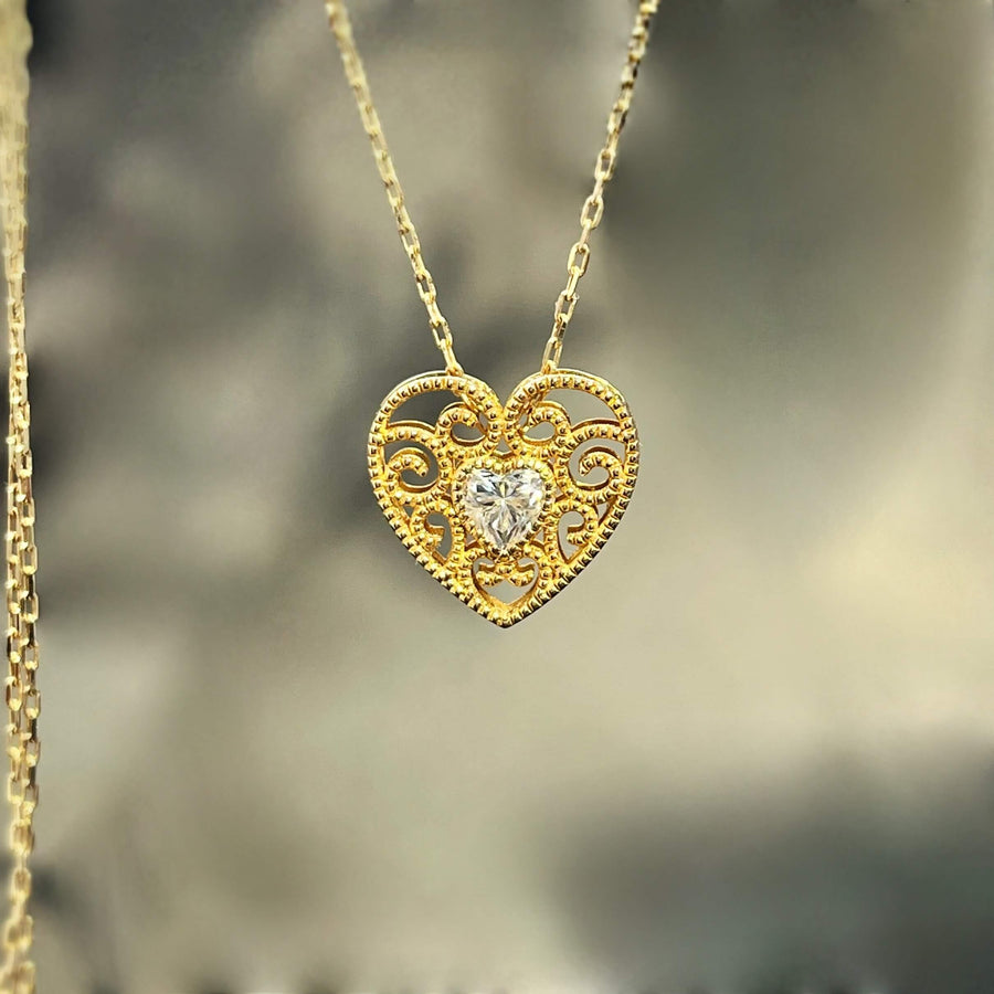 14k Solid Gold Filigree Heart Pendant Necklace