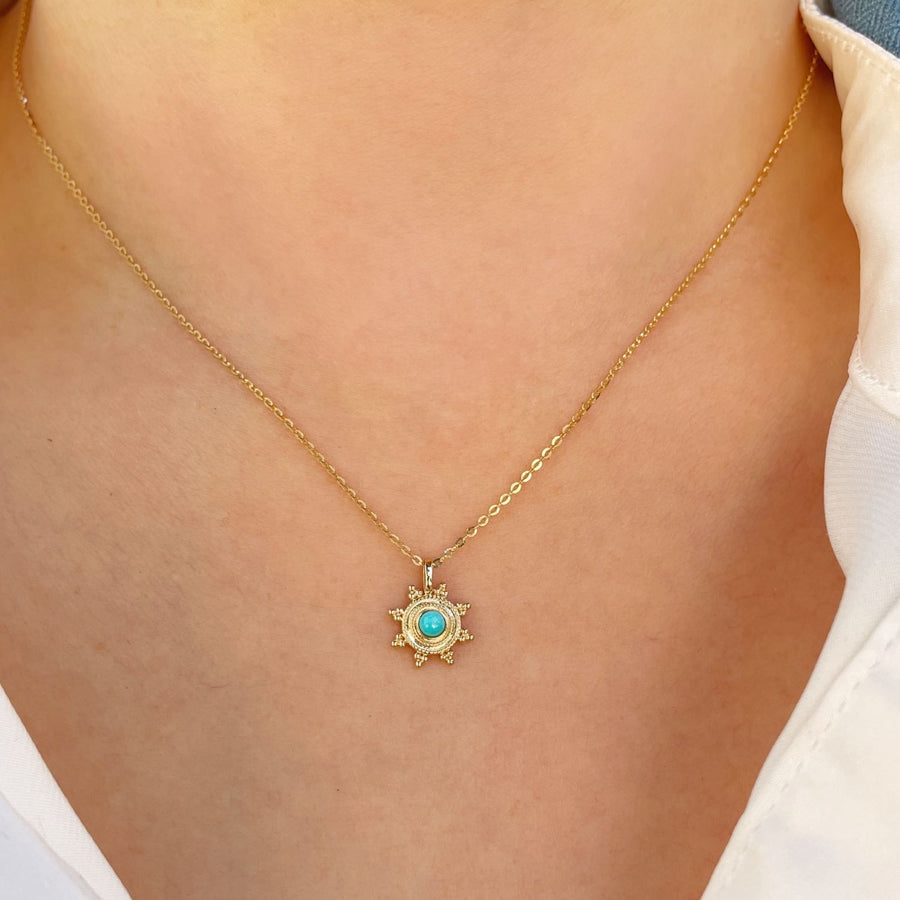 14k Sunburst Pendant Necklace with Natural Turquoise or Garnet