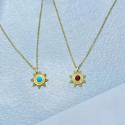 14k Sunburst Pendant Necklace with Natural Turquoise or Garnet