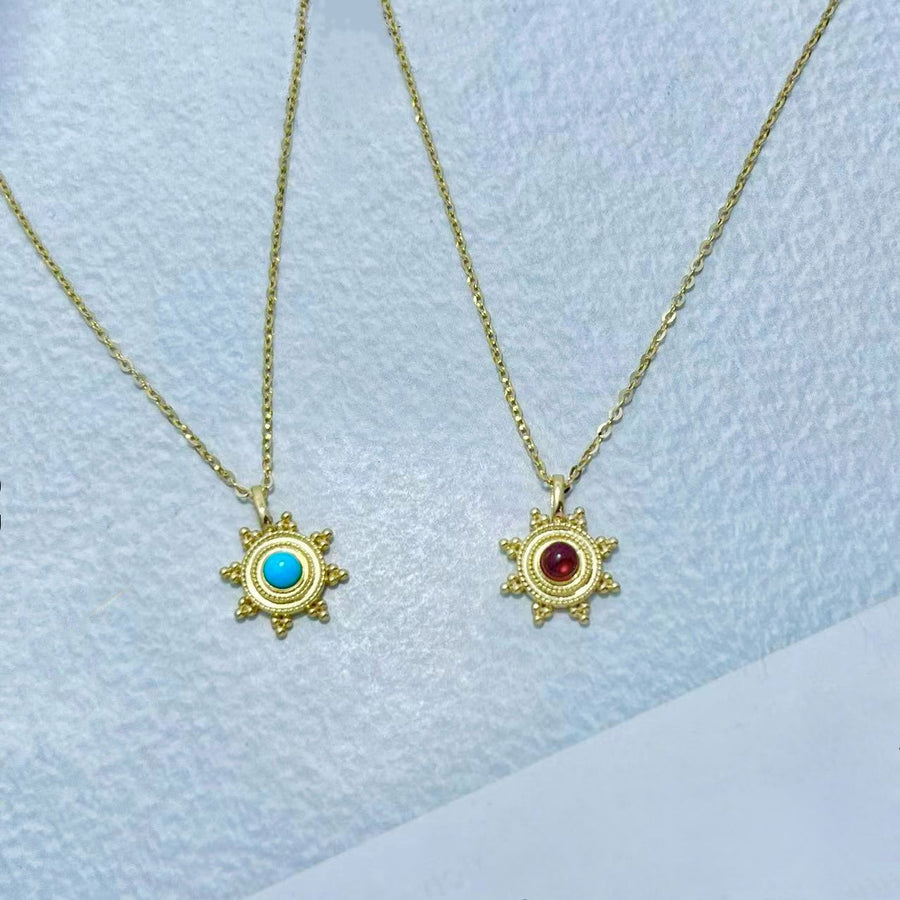 14k Sunburst Pendant Necklace with Natural Turquoise or Garnet