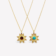 14k Sunburst Pendant Necklace with Natural Turquoise or Garnet