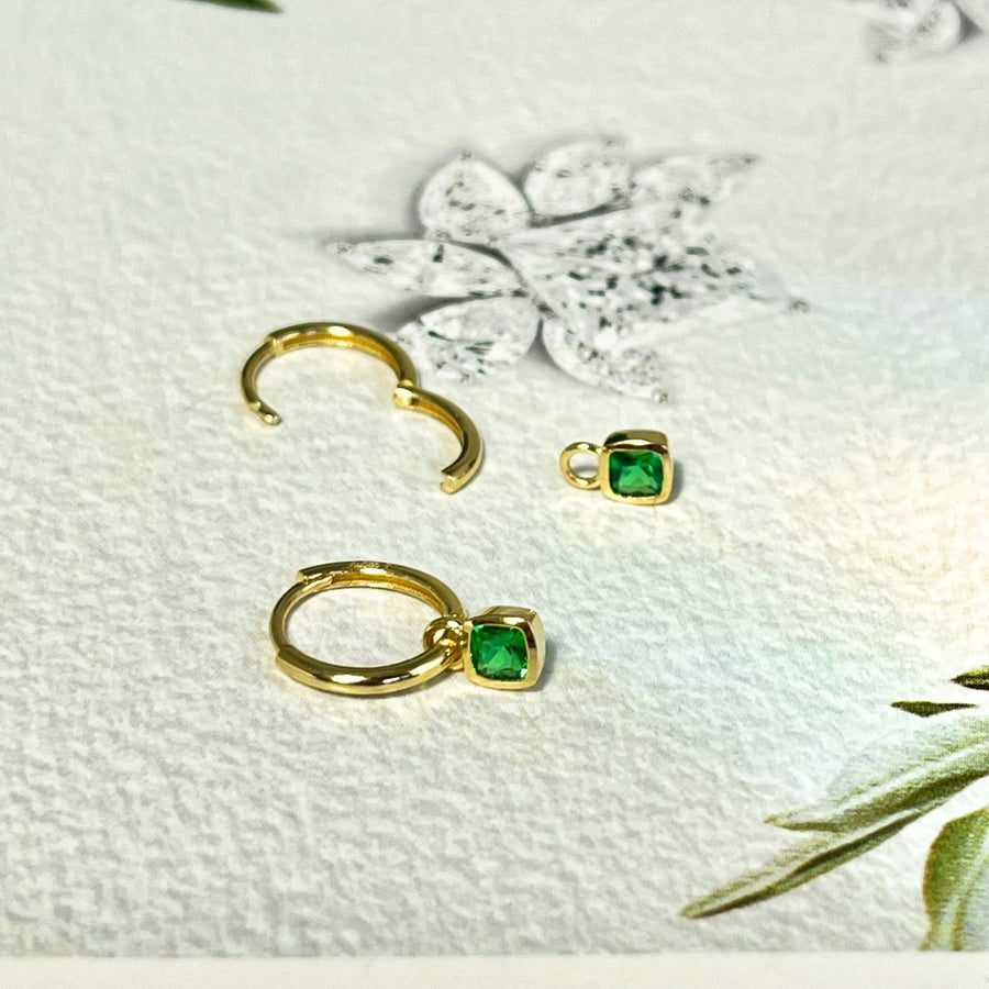 14k Solid Gold Cusion Green CZ Charm Earrings