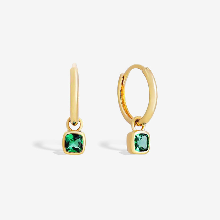 14k Solid Gold Cusion Green CZ Charm Earrings