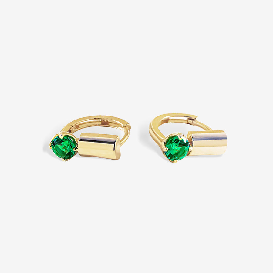 14k Geometric Huggie Hoop Earrings with Green Gemstones