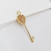 14k Solid Gold Filigree Heart Key Pendant with Natural Diamond