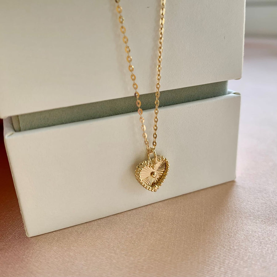 14k Solid Gold Sunray Heart Charm Necklace