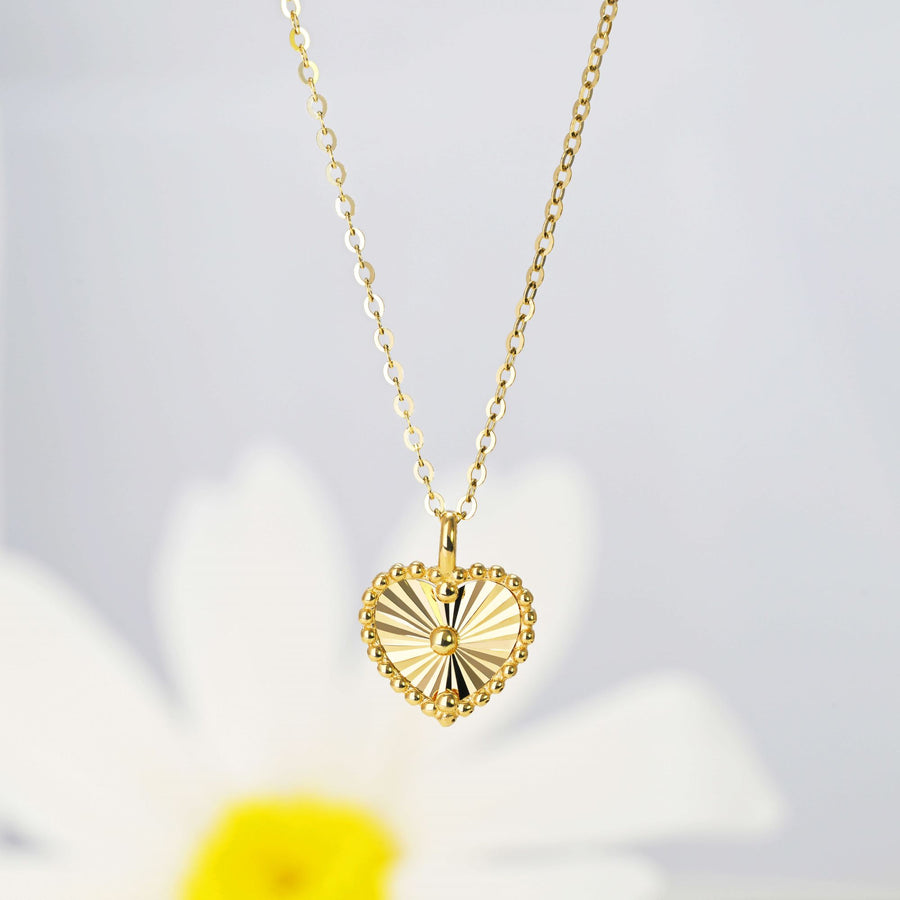14k Solid Gold Sunray Heart Charm Necklace