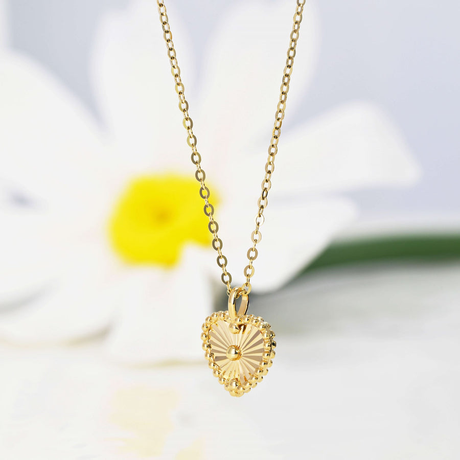 14k Solid Gold Sunray Heart Charm Necklace