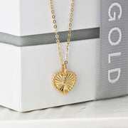 14k Solid Gold Sunray Heart Charm Necklace