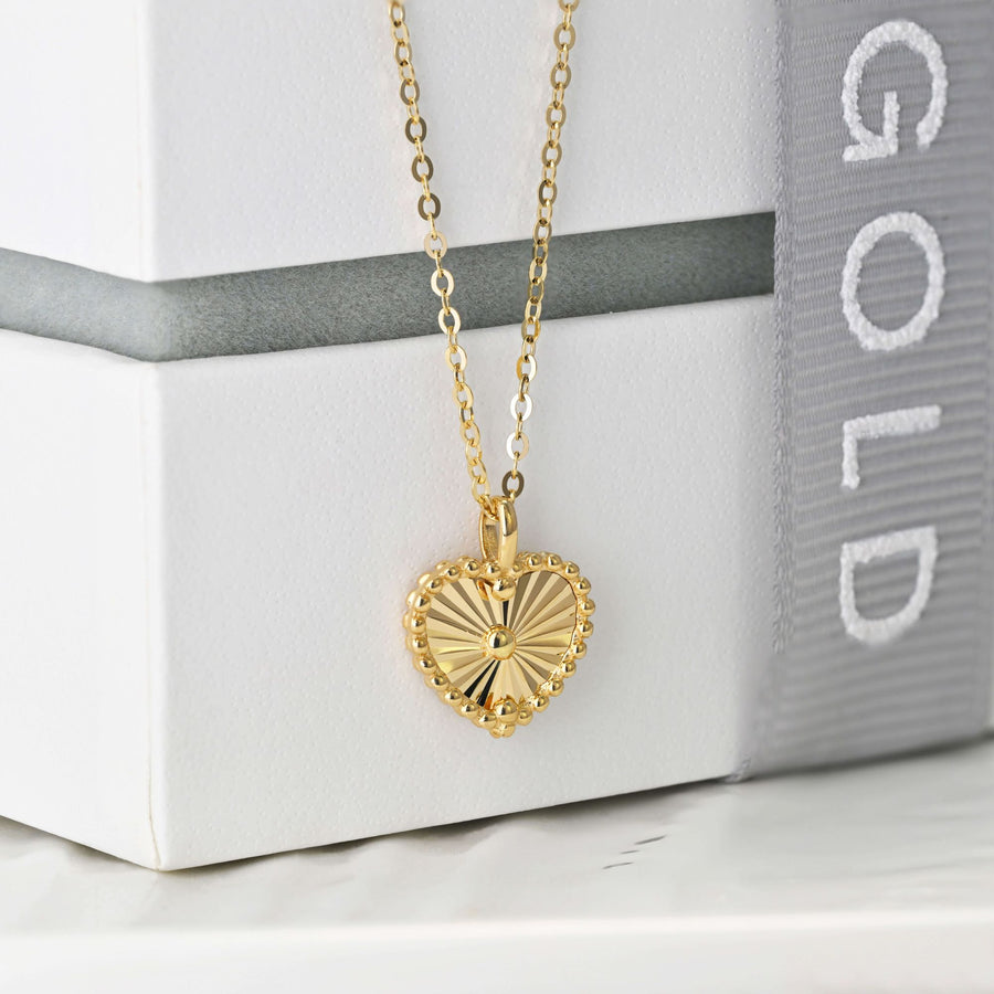 14k Solid Gold Sunray Heart Charm Necklace