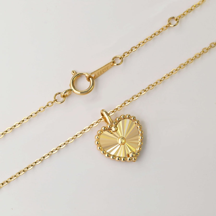 14k Solid Gold Sunray Heart Charm Necklace