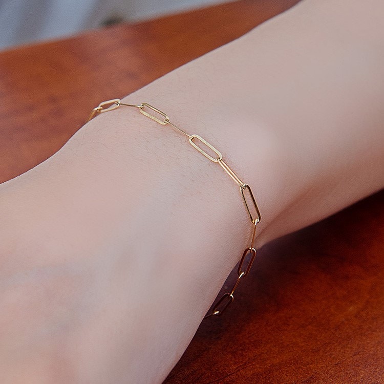 14K Solid Gold Paper Clip Chain Bracelet, 14ct Gold Womens Link Chain Bracelet, Solid Gold Minimal Everyday Bracelet, Gift for her