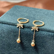 14K Solid Yellow/Rose Gold Dangle Bow Knot Huggie Hoop Earrings, Long Chain Tassel Earrings, Solid Gold Drop Earrings women