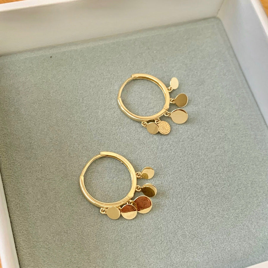 Ready to ship! 14K Solid Gold Dangle Disc Hoop Earrings, Round Multi Disc Charms Earrings, Real Gold Hoop Earrings for Women, Gift for her