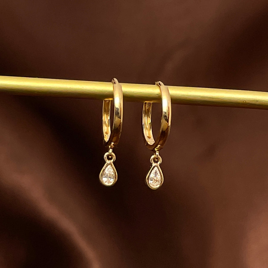 18K Solid Gold Natural Teardrop Diamond Charm Huggie Hoop Earrings, Dainty Small Solitaire Diamond Drop Earrings for her