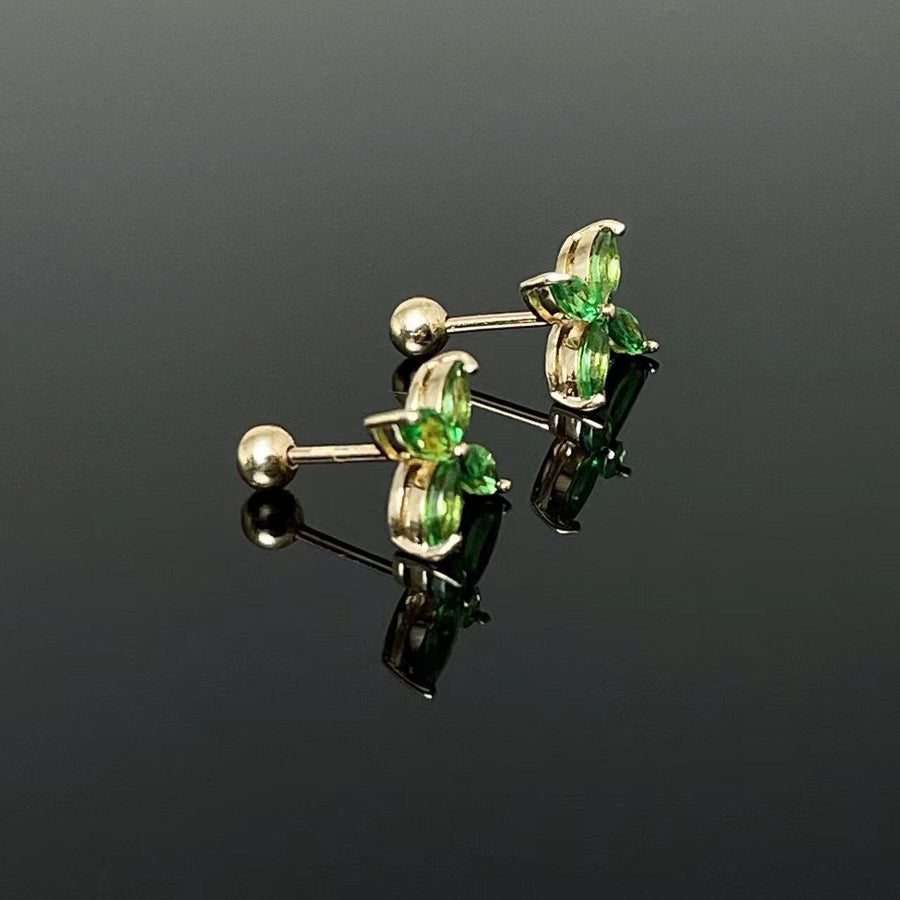 Ready to Ship! 14k Solid Gold Tsavorite Clover Screw Back Stud Earrings, Natural Tsavorite Gemstone Petal Floral Earrings, Gift for her