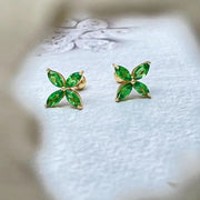 Ready to Ship! 14k Solid Gold Tsavorite Clover Screw Back Stud Earrings, Natural Tsavorite Gemstone Petal Floral Earrings, Gift for her