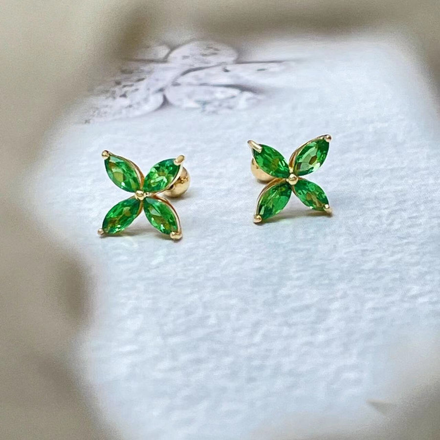 Ready to Ship! 14k Solid Gold Tsavorite Clover Screw Back Stud Earrings, Natural Tsavorite Gemstone Petal Floral Earrings, Gift for her