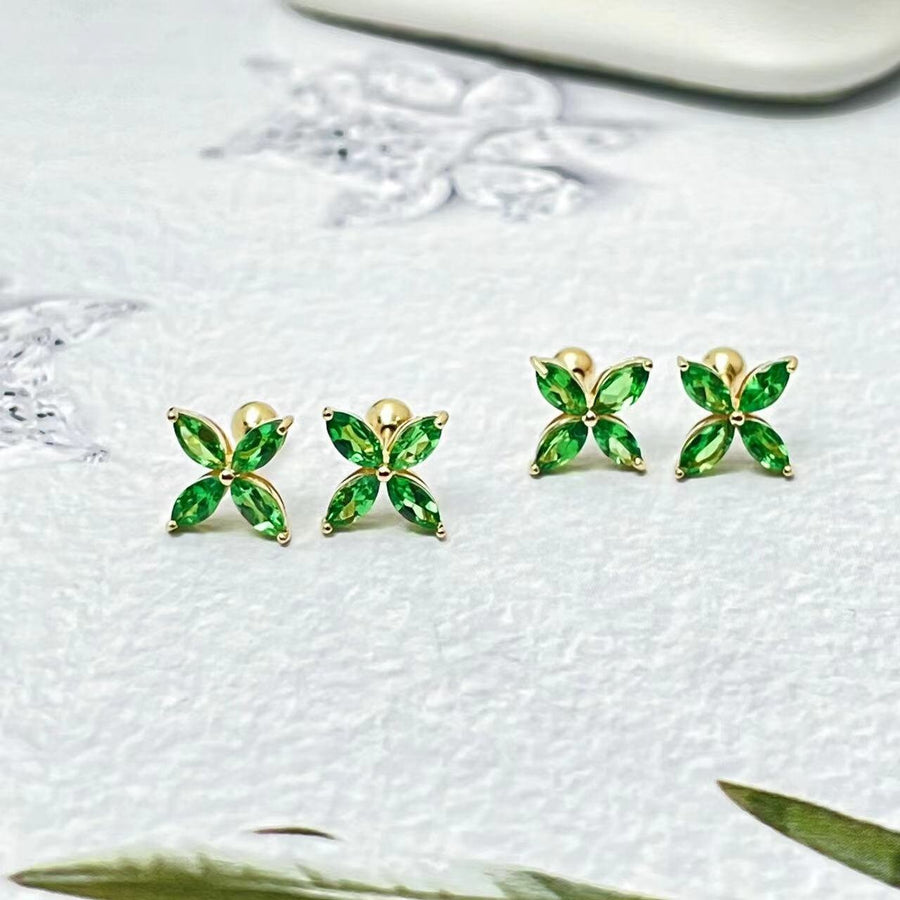 Ready to Ship! 14k Solid Gold Tsavorite Clover Screw Back Stud Earrings, Natural Tsavorite Gemstone Petal Floral Earrings, Gift for her