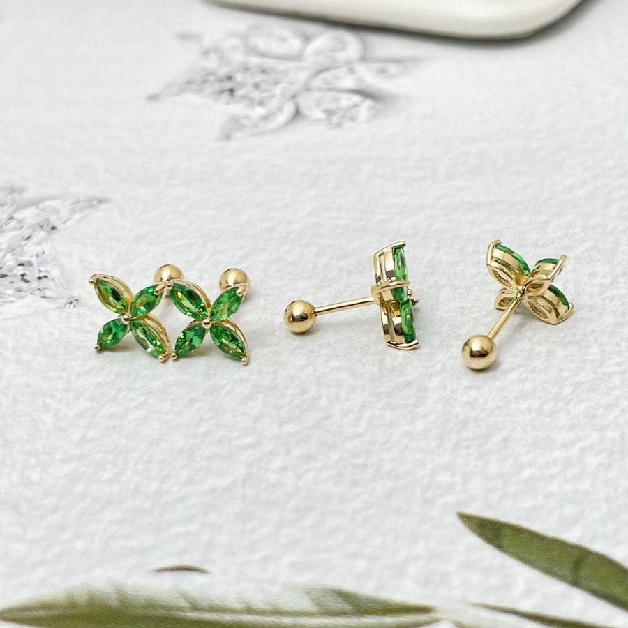 Ready to Ship! 14k Solid Gold Tsavorite Clover Screw Back Stud Earrings, Natural Tsavorite Gemstone Petal Floral Earrings, Gift for her