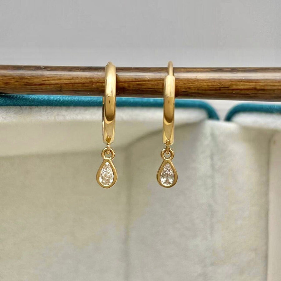 18K Solid Gold Natural Teardrop Diamond Charm Huggie Hoop Earrings, Dainty Small Solitaire Diamond Drop Earrings for her