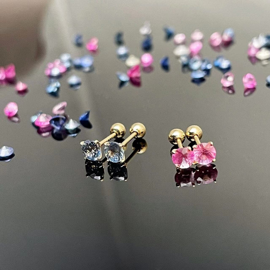 Ready to Ship! 14k Solid Gold Pink/Blue Sapphire Dainty Screw Back Stud Earrings, Natural Sapphire Single Stackable Earring, Multi Earrings