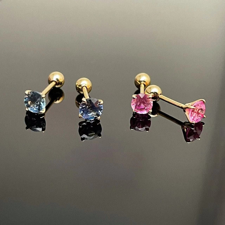 Ready to Ship! 14k Solid Gold Pink/Blue Sapphire Dainty Screw Back Stud Earrings, Natural Sapphire Single Stackable Earring, Multi Earrings