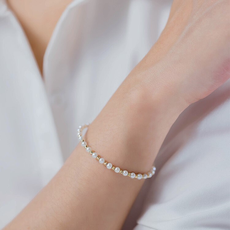 18K Solid Gold Beads and Pearls Cuff Bracelet, Real Freshwater Pearl Beaded Bracelet Adjustable Length, Pearl Bracelet