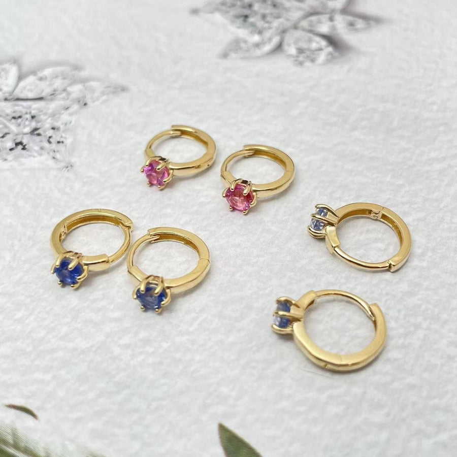 Ready to Ship! 14k Solid Gold Pink/Blue Sapphire Huggie Hoop Earrings, Natural Sapphire Single Stackable Earring, Small Gemstone Huggies