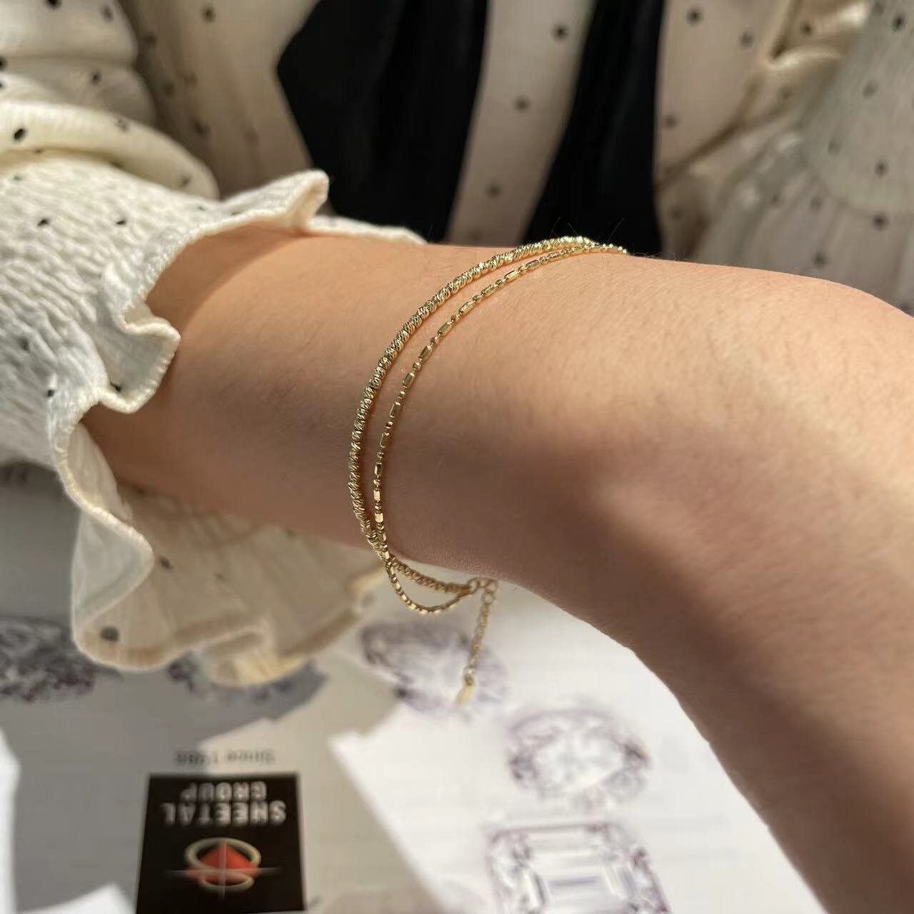 Ready to ship!18K Solid Gold Double Chain Sparkly Beaded Bracelet, 18ct Gold Diamond Cut Beaded Chain Bracelet for Women, Stacking Bracelet