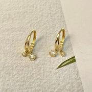 14K Solid Gold Dainty Duo Moissanite Huggie Hoop Earrings, Diamond drop Earrings, Solid Gold Two Charms Huggies, Gift for her