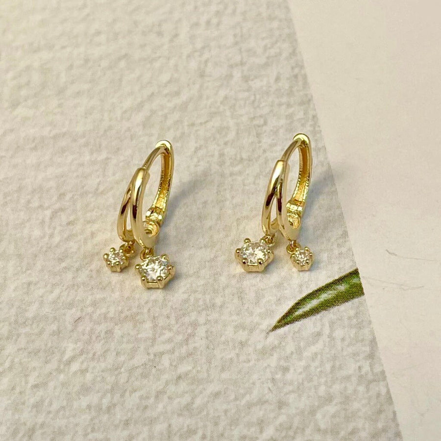 14K Solid Gold Dainty Duo Moissanite Huggie Hoop Earrings, Diamond drop Earrings, Solid Gold Two Charms Huggies, Gift for her