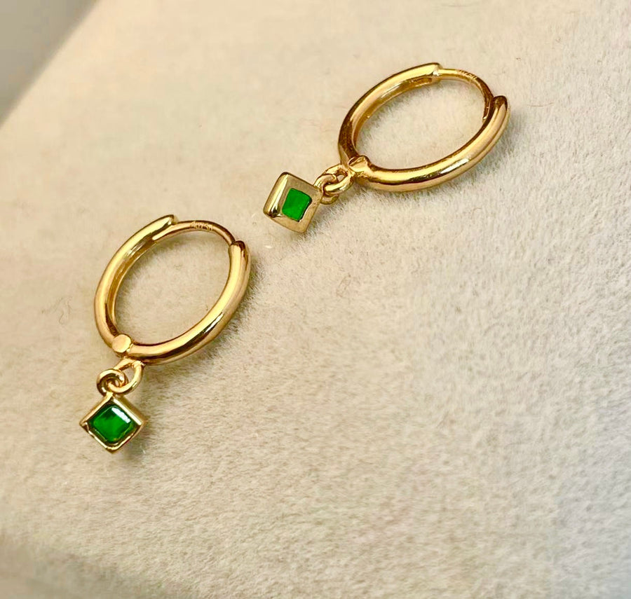 Ready to ship! 18K Solid Gold Dainty Emerald Charm Earrings, Genuine Natural Vivid Green Emerald Small Charm Huggies, Gift for her