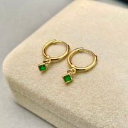 Ready to ship! 18K Solid Gold Dainty Emerald Charm Earrings, Genuine Natural Vivid Green Emerald Small Charm Huggies, Gift for her