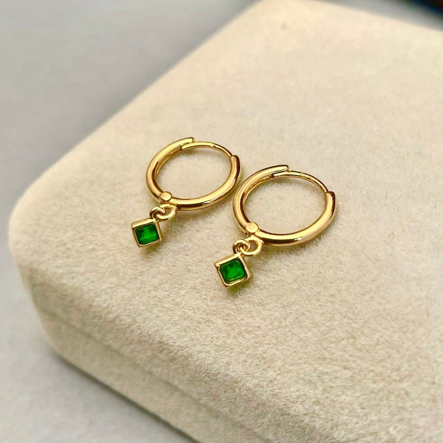 Ready to ship! 18K Solid Gold Dainty Emerald Charm Earrings, Genuine Natural Vivid Green Emerald Small Charm Huggies, Gift for her