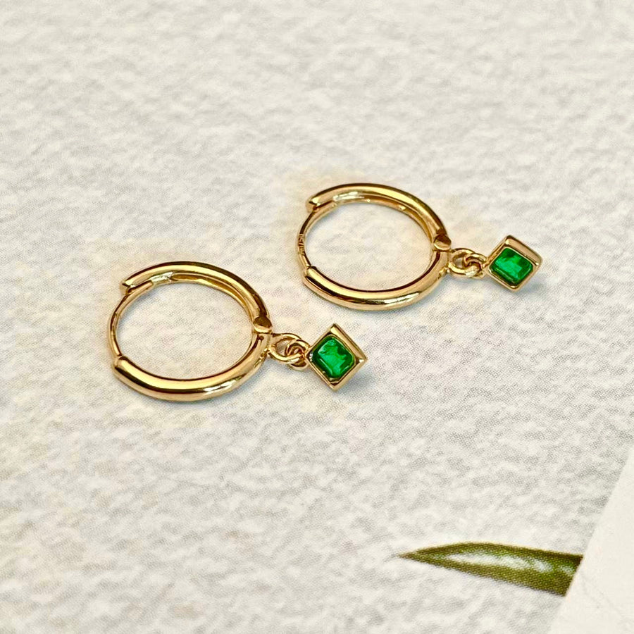 Ready to ship! 18K Solid Gold Dainty Emerald Charm Earrings, Genuine Natural Vivid Green Emerald Small Charm Huggies, Gift for her