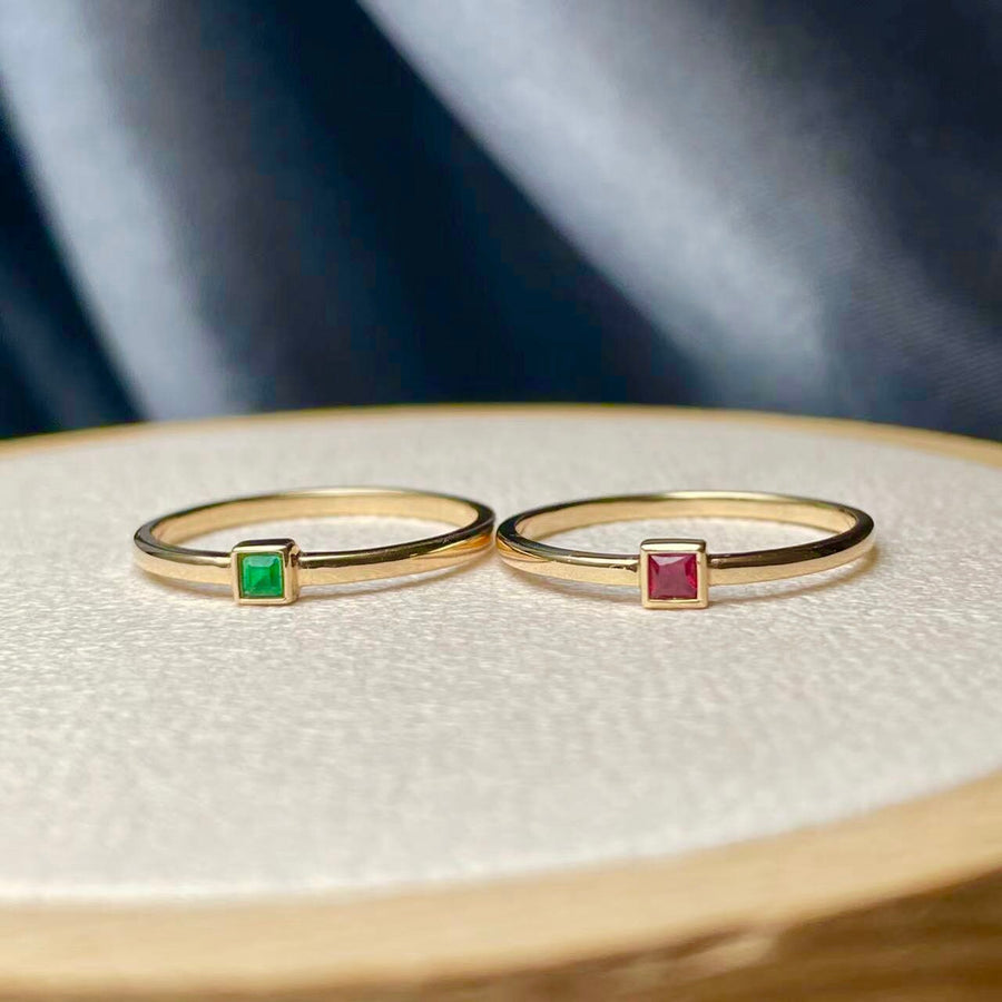 18K Solid Gold Ruby/Emerald Stacking Ring, Genuine Princess Cut Square Gemstone Ruby/Emerald Solitaire Ring Minimalist Ring, Gift for Her