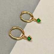 Ready to ship! 18K Solid Gold Dainty Emerald Charm Earrings, Genuine Natural Vivid Green Emerald Small Charm Huggies, Gift for her