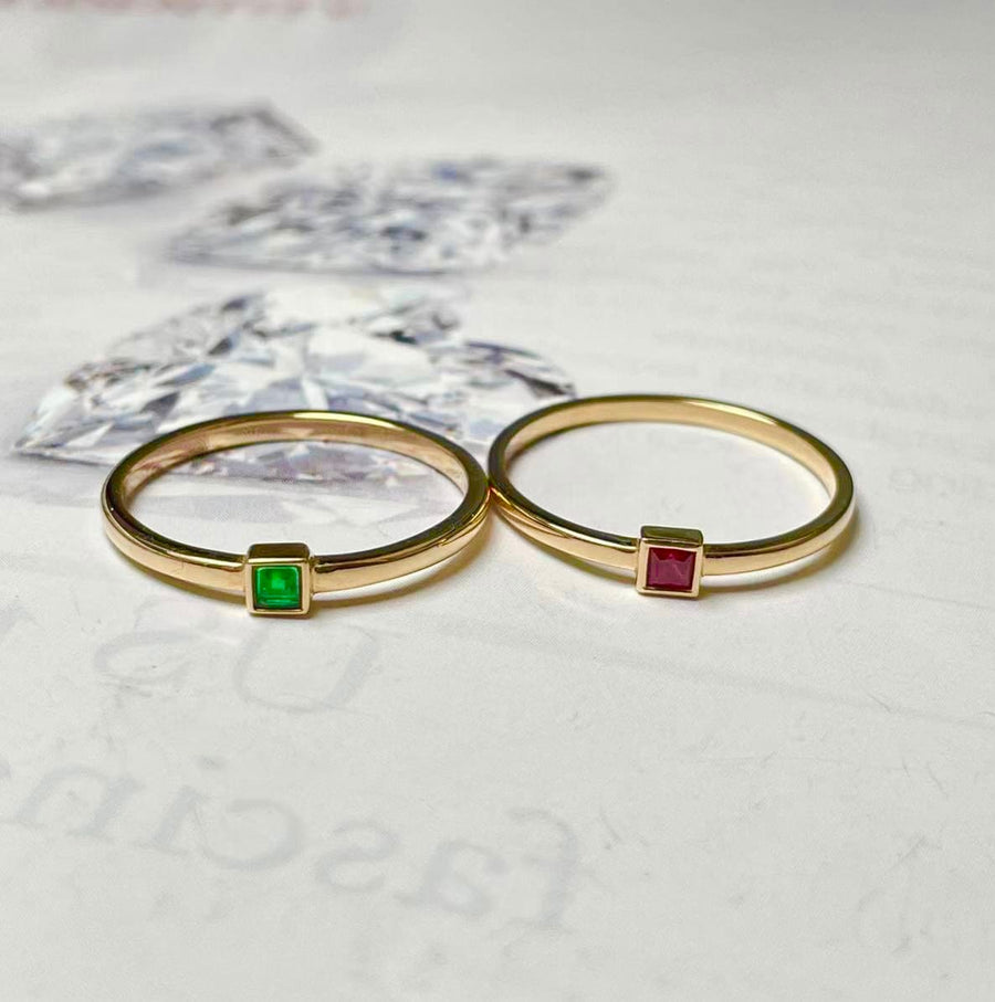 18K Solid Gold Ruby/Emerald Stacking Ring, Genuine Princess Cut Square Gemstone Ruby/Emerald Solitaire Ring Minimalist Ring, Gift for Her