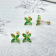 Ready to Ship! 14k Solid Gold Tsavorite Clover Screw Back Stud Earrings, Natural Tsavorite Gemstone Petal Floral Earrings, Gift for her