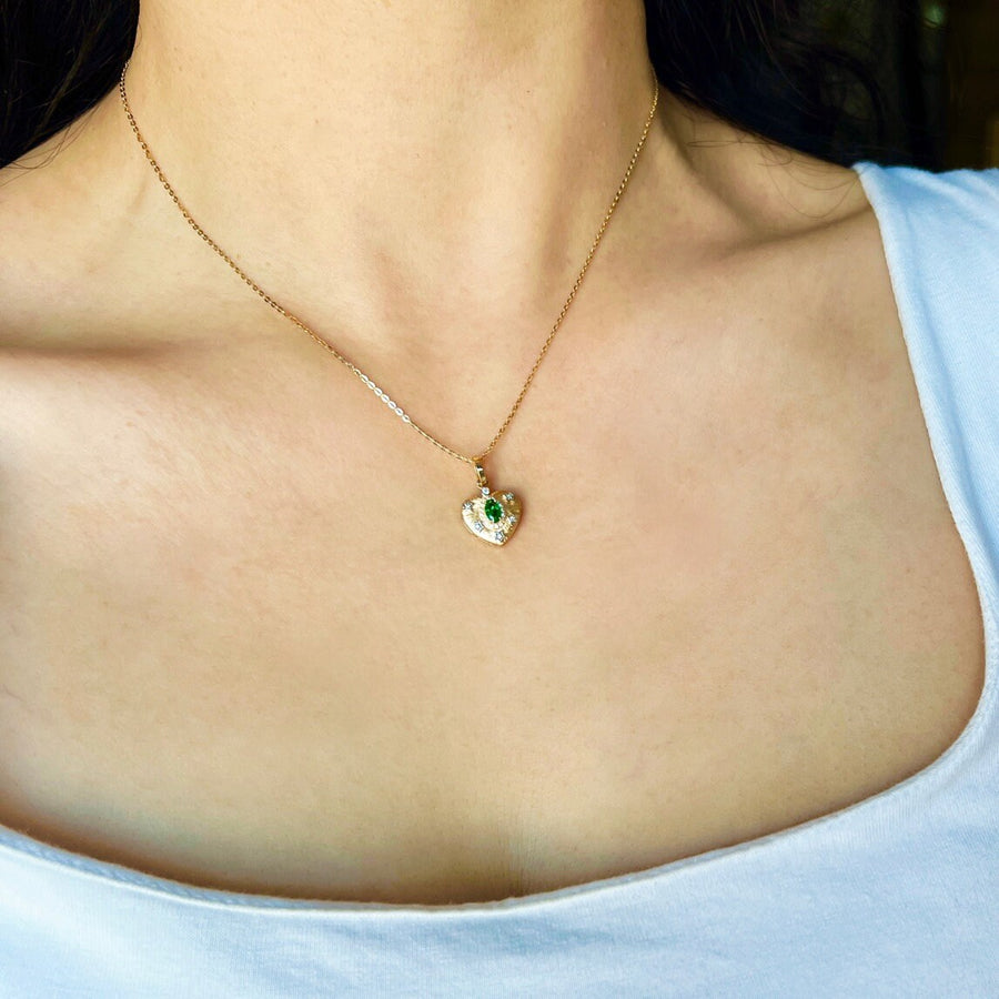 14K Solid Gold Brushed Gold Heart Shaped Green Gem Pendant Charm (NECKLACE NOT INCLUDED), Solid Gold Heart & Star Pendant