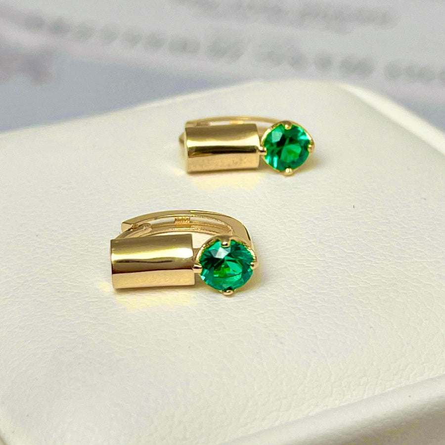 Ready to ship!14K Solid Gold Unique Geometric Huggie Hoop Earrings,Green Spinel Huggies,Genuine Gold Huggies,Womens earrings, Gift for her