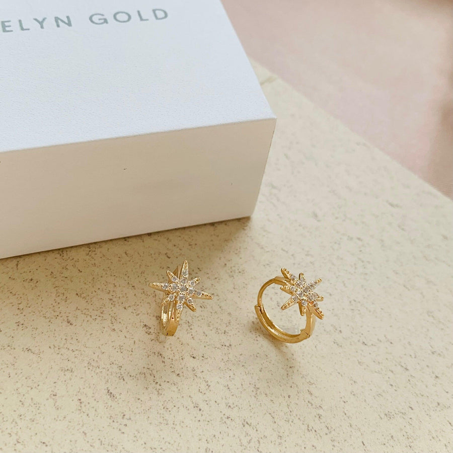 Ready to ship!14K Solid Gold Eight-Pointed Star Huggie Hoop Earrings, North Star Earrings, Real gold Huggies, Womens earrings, Gift for her