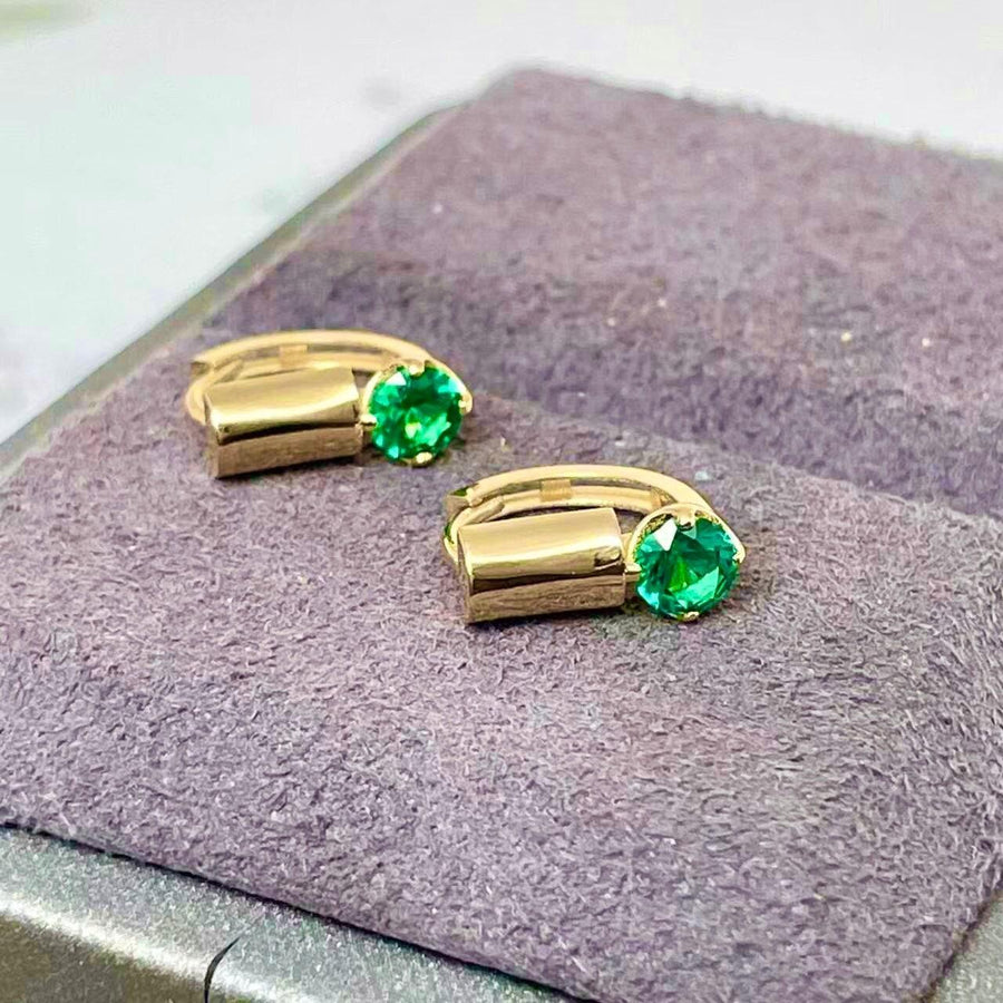 Ready to ship!14K Solid Gold Unique Geometric Huggie Hoop Earrings,Green Spinel Huggies,Genuine Gold Huggies,Womens earrings, Gift for her