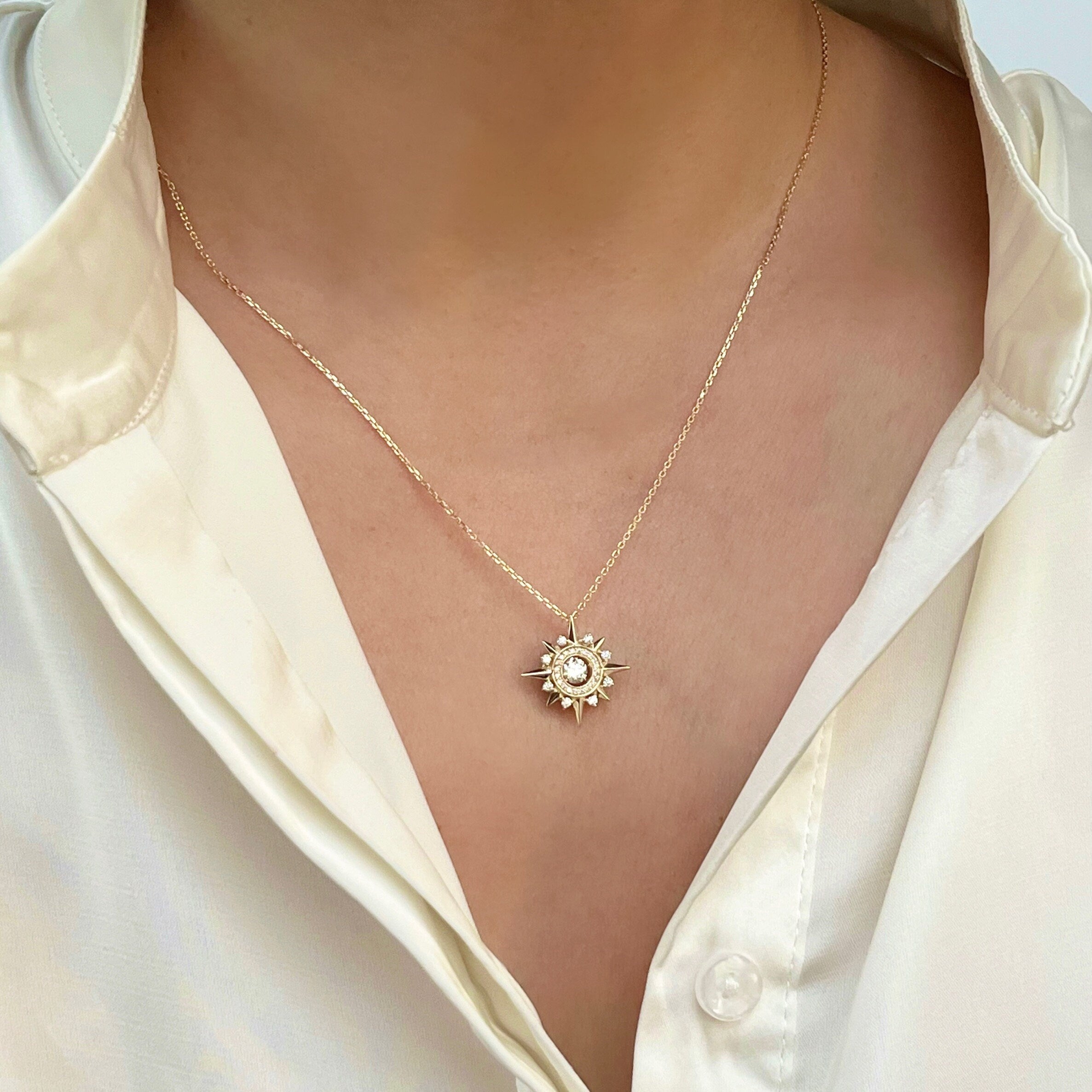 Ready to ship! 14K Solid Gold 8-Pointed Star Pendant with Moissanite Diamonds, Modern Starburst Charm, Celestial Necklace Charm for Women