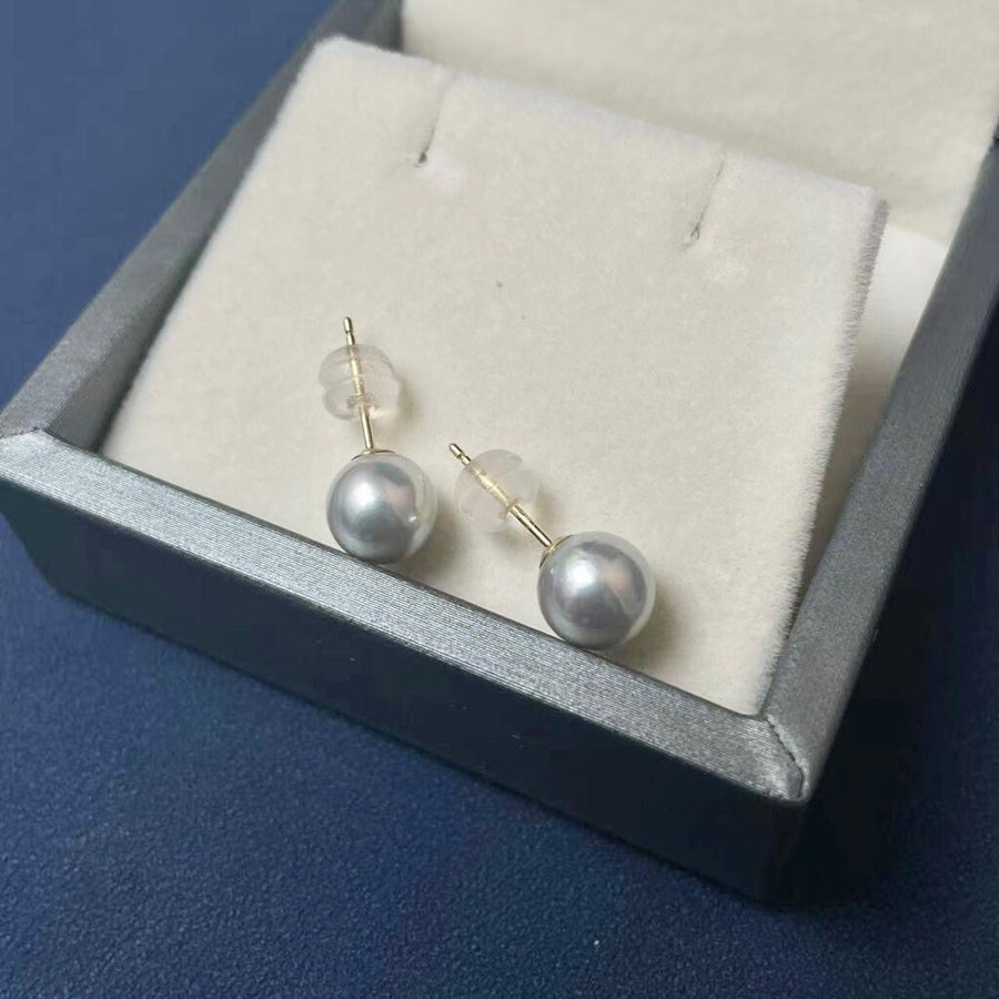 Ready to ship! 7.5mm Grey Akoya Pearl Stud Earrings, 18k Solid Gold Japanese Saltwalter Akoya Pearl Studs Earrings, Gift for her